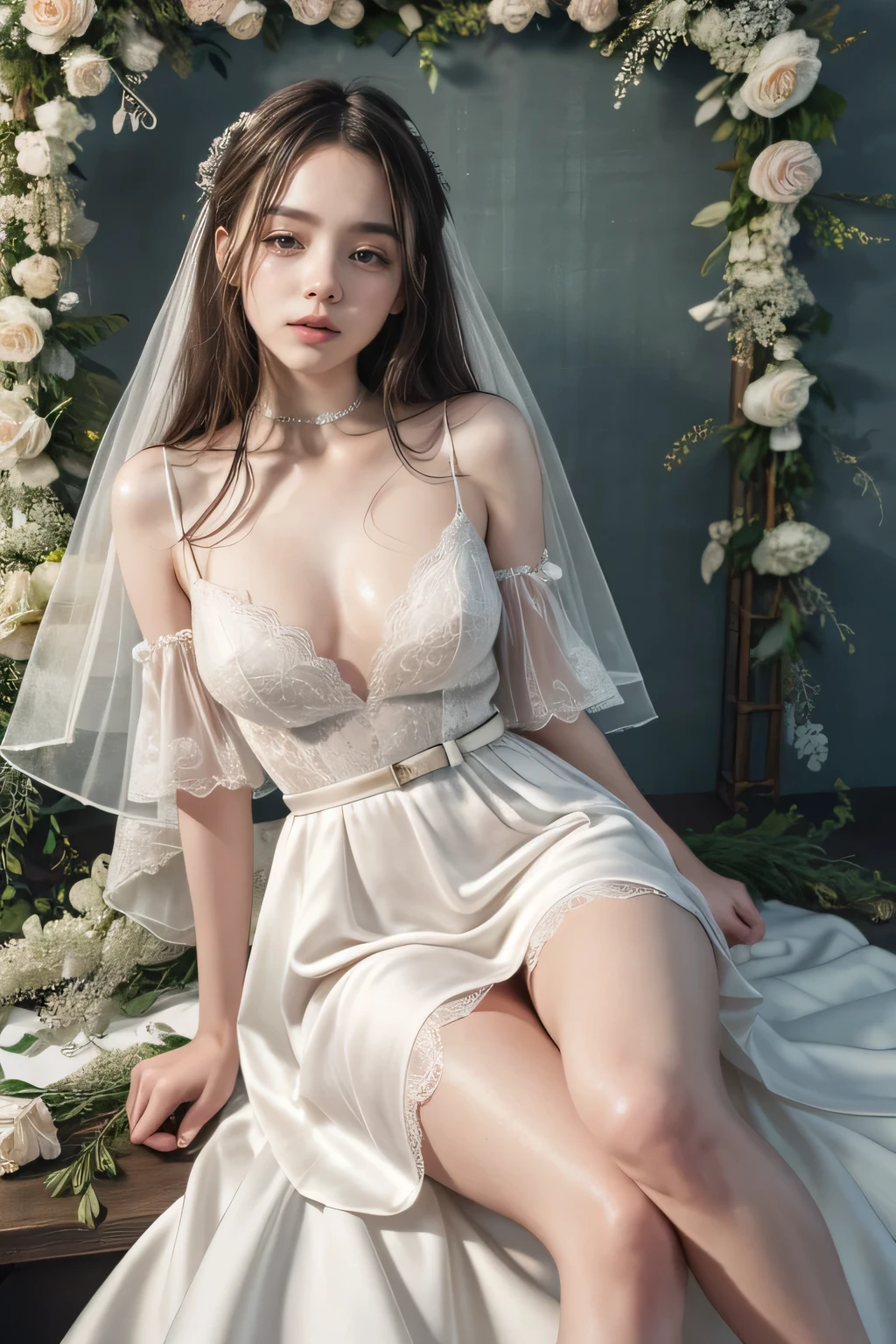 emily rudd, in Alice in Wonderland , ultra realistic high quality image, beautiful face, White skin, Red lips, blue eyes, White dress, Lolita style, small breasts, short dress, carries a bouquet of red roses,