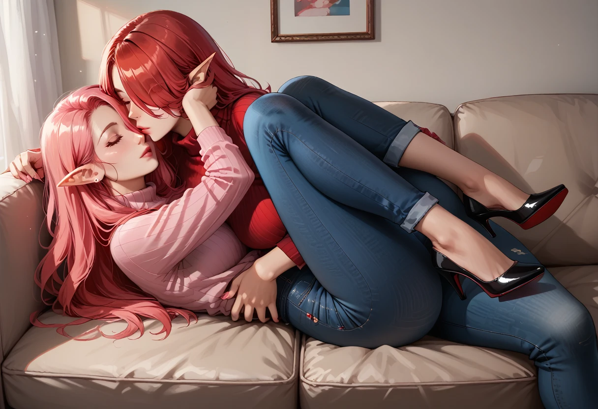 score_9, score_8_up, score_7_up, 2girls {Afemale_and_Bfemale}, Tag1: {Afemale: Adult, Mature, Curvy, Elf Woman: 1.3, (Long Red Hair over one eye: 1.6), wearing a (Long Sleeve Turtleneck Shirt with Blue Jeans and Black Stiletto High Heels: 1.3), (Bare Arms: 1.3), curvy: 1.3} and Tag2: {Bfemale: Adult, Curvy, Mature, Elf Woman: 1.3, (Long Pink hair over one eye: 1.3), wearing a (Pink Long Sleeve Turtleneck Shirt with Blue Jeans and Pink Stiletto High Heels: 1.3), (Bare Arms: 1.3), curvy: 1.3}, Lying on back on sofa, Arms around waist, hand in hair, (hugging deep kiss), eyes closed, leg lock around waist: 1.3, Medium Breasts: 1.3, (Close-up_from_side: 0.8), LowKeyLights_v2
