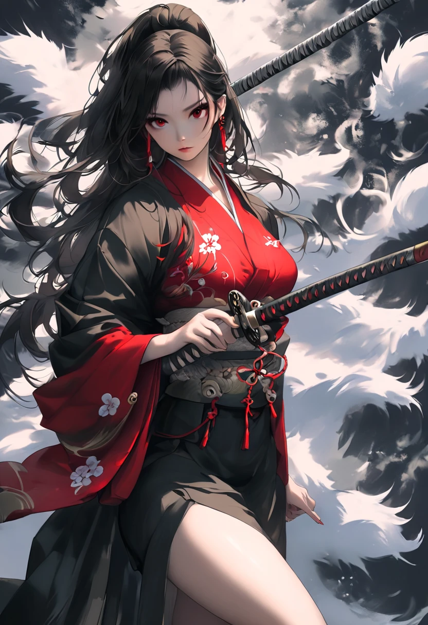 A beautiful woman with detailed, mesmerizing eyes, wielding a katana on a high-contrast black and white background, wearing a revealing black and red kimono, (best quality,4k,8k,highres,masterpiece:1.2),ultra-detailed,(realistic,photorealistic,photo-realistic:1.37),detailed facial features, intricate kimono patterns, dramatic lighting, cinematic composition, moody atmosphere, strong shadows, high-contrast black and white, samurai, ninja, strong female character