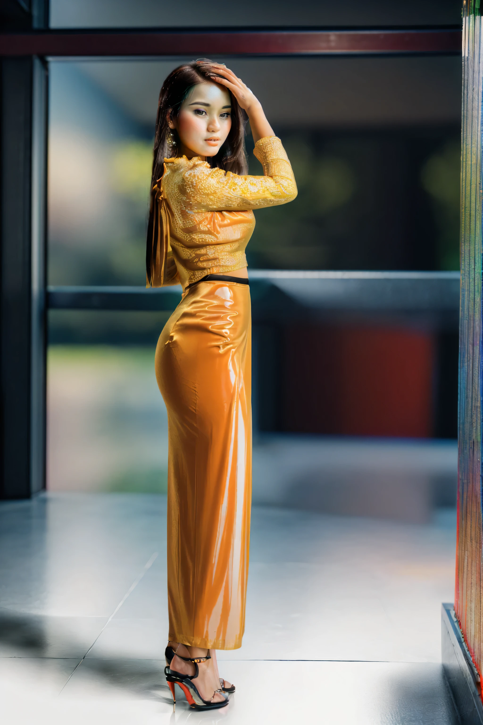 (ultra high res.photorealistic:.1.4,UHD), (best quality, 4k, 8k, high-res, masterpiece:1.2), (full body view:1.8), (pretty lady MoonLay), ultra-detailed, (realistic, photorealistic, photo-realistic:1.37), (beautiful detailed, extremely detailed), (glossy face), (stunning makeup and glossy red lips:1.5), perfect lighting, vivid colors, ( shiny hair, shiny skin), back shot, from below, standing and looking at the viewer, garden background, (blur background), (high quality cinematic gaussian blur:2), Burmese girl, acmm ls outfit, (wearing acmm top), (white) acmm top, long sleeves, (wearing acmm long skirt), (blue) acmm long skirt, printed skirt, stiletto high heel, *
