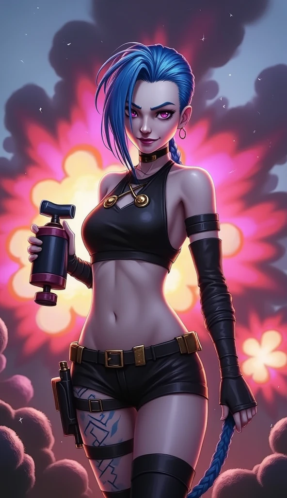  anime style, full body shot of jinx, standing stoic with an ominous smile on her face, holding bomb detonator in hands, in the background a huge colorful explosion that she caused