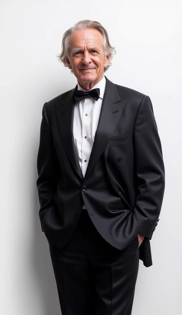 ((masterpiece)) ((photography)) ((Highest quality)) A realistic portrait of a 70-year-old man with chestnut brown hair, standing in a formal pose against a clean white background. He wears a classic dark suit with a bow tie, giving a sense of wisdom and elegance. His facial expression is calm and dignified, with slight wrinkles that highlight his experience and grace. The lighting is soft, accentuating the details in his face and the texture of his suit, creating a refined and respectful look.