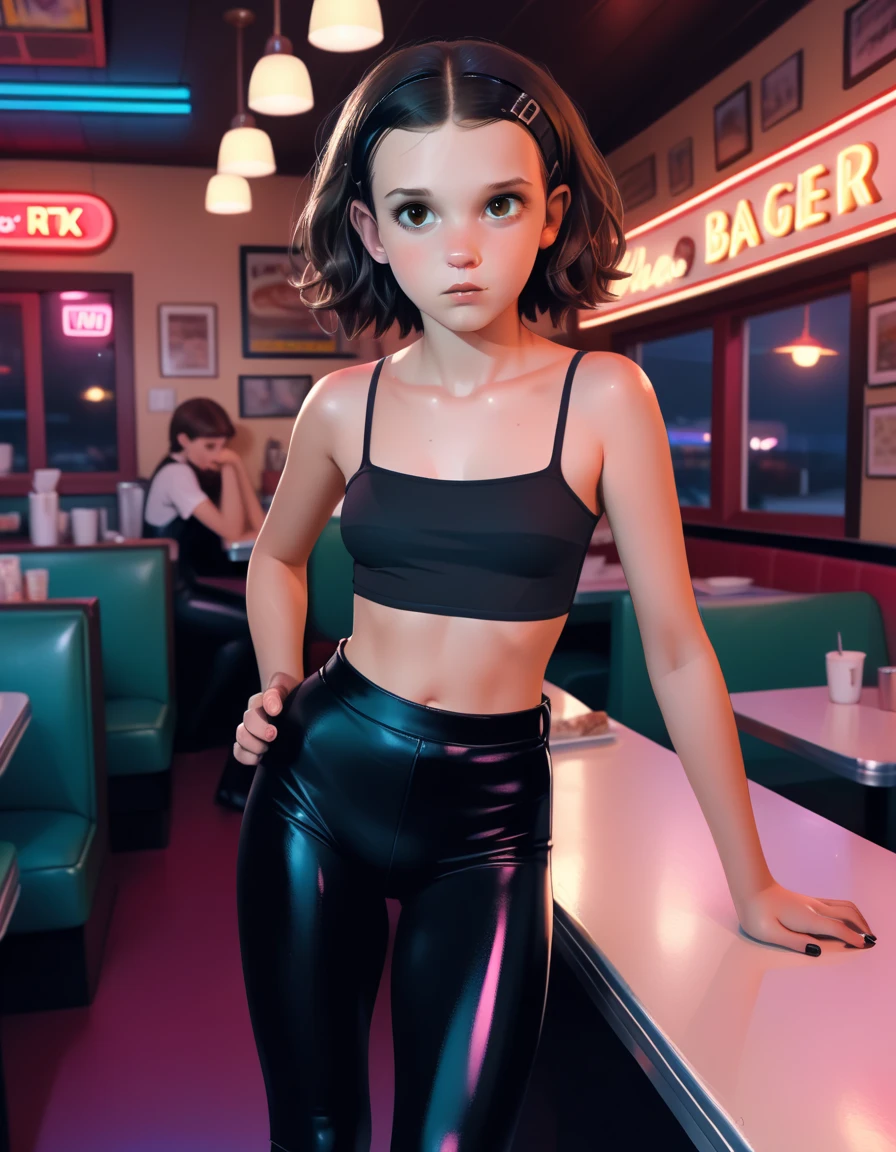 A young Millie Bobby Brown, revealing skimpy cotton pale crop-top and tight shiny black leggings, working in a diner in the 1980s at night, dynamic pose:1.2, highres highly detailed best quality UHD RTX by Ilya Kuvshinov Tom Bagshaw WLOP, she is shy:1.2, bright lights and neon