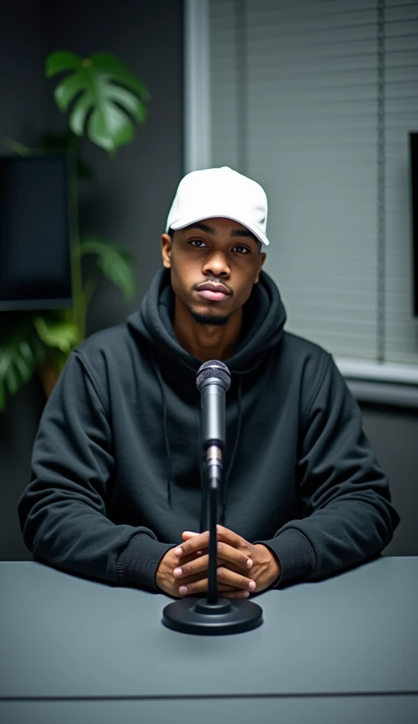 A Young Nigerian guy, wearing a white skullcap and a thick designer hoodie, sitting perfectly centered in front of a grey desk with a microphone and looking directly at the camera with a casual expression. Background is blurred and dimly lit, but contains, greenery, TV screens, window blind