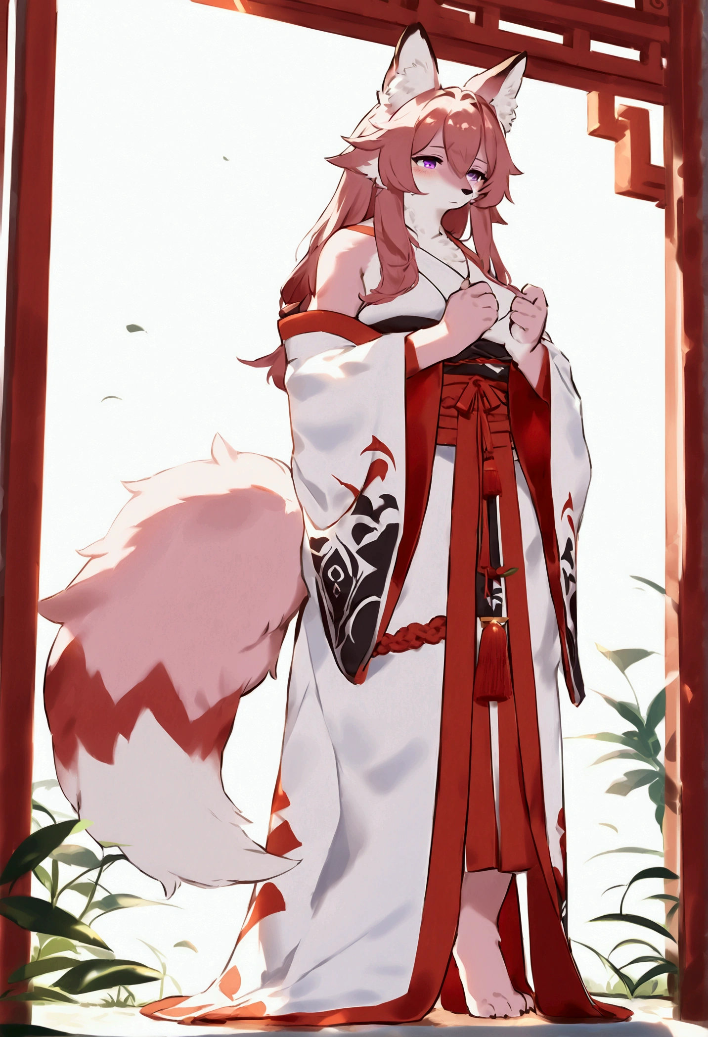 (top quality, best quality, Bogexboog, High-quality illustrations, masterpiece, perfect artwork, cinematic light and shading, 16k, 1080p, uploaded on e621)(kemono, furry, anthro, alone), 1 mature female, (very detailed body, face, tail, arms, hands, legs, head and eyes), fox, Yae Miko, (Genshin Impact), hunter body, mature body, big breasts, pink fur, fluffy, fluffy tail, shrine maiden long hair, perfect eyes, purple eyes, black pupils, beautiful shrine kimono, beautiful legwear, beautiful shrine garden, body movement, body twitching, red blushing, shy, protective behavior, full body view