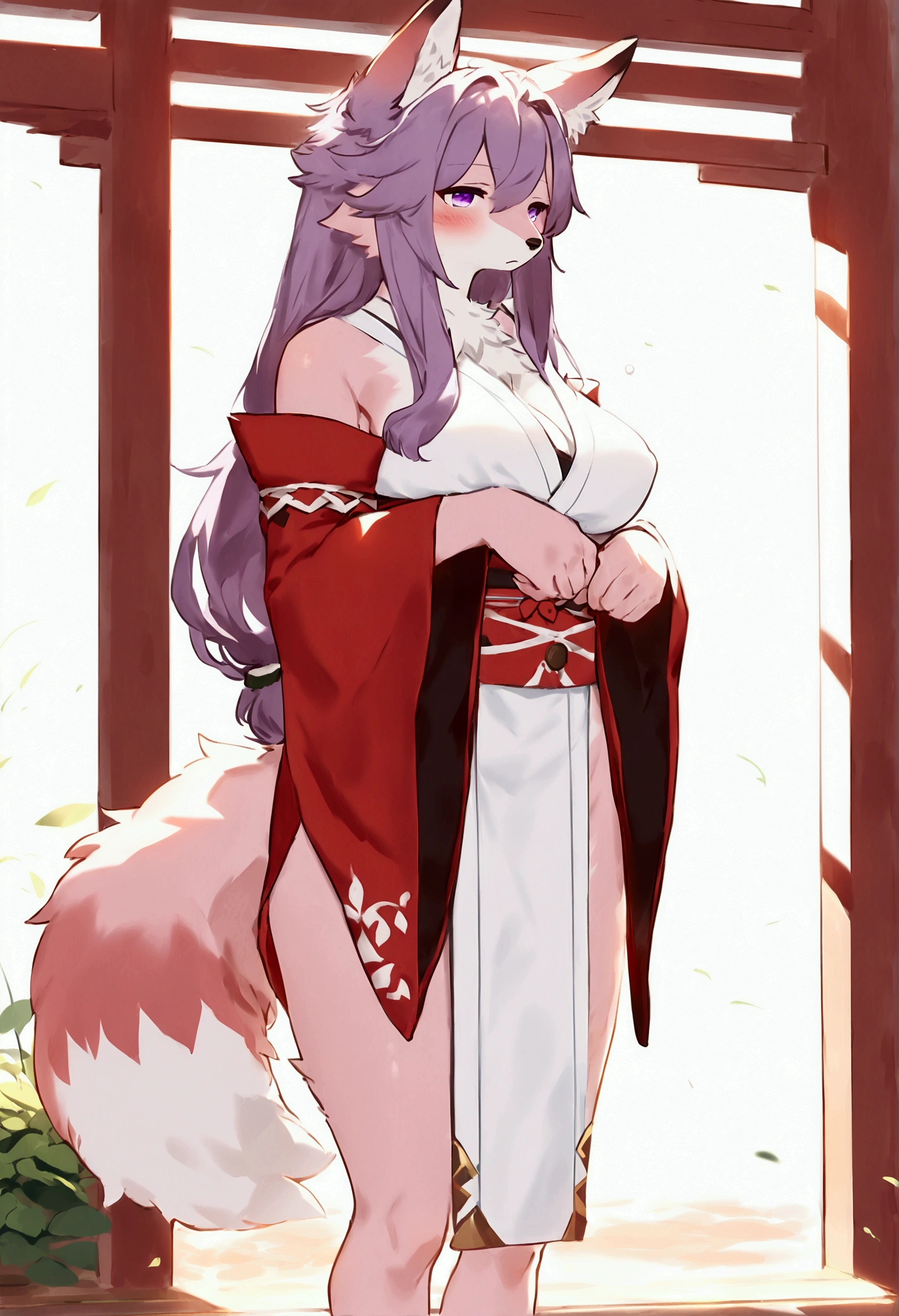 (top quality, best quality, Bogexboog, High-quality illustrations, masterpiece, perfect artwork, cinematic light and shading, 16k, 1080p, uploaded on e621)(kemono, furry, anthro, alone), 1 mature female, (very detailed body, face, tail, arms, hands, legs, head and eyes), fox, Yae Miko, (Genshin Impact), hunter body, mature body, big breasts, pink fur, fluffy, fluffy tail, shrine maiden long hair, perfect eyes, purple eyes, black pupils, beautiful shrine kimono, beautiful legwear, beautiful shrine garden, body movement, body twitching, red blushing, shy, protective behavior, full body view