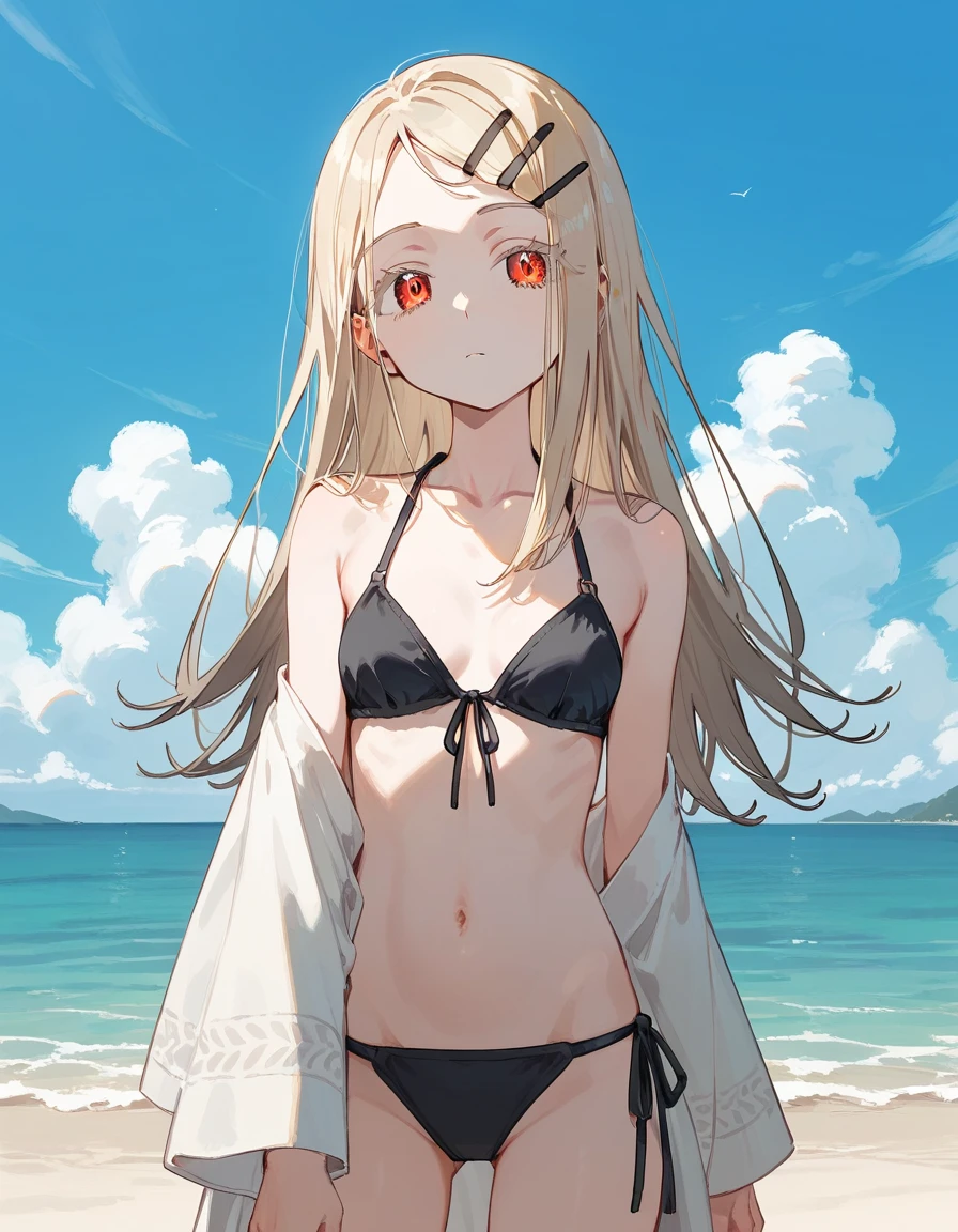 hiro-default,shinosawa hiro,slender,deep orange eyes,white eyelashes,blonde hair,long hair,hairclip, thin belly, small mouth, girl, solo, best quality, very aesthetic, nsfw、Highest quality, masterpiece, No correction,thin, black bikini, Expressionless, No expression, beach, cowboy shot, 