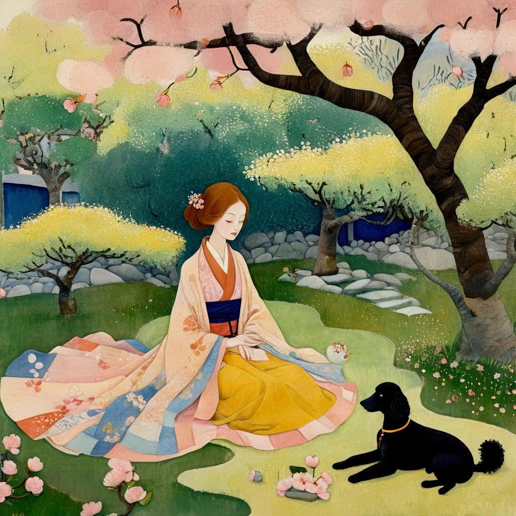 young girl with her cat in the Garden, by Tsuguharu Foujita, delicate lines depicting a serene garden where a loving couple is enjoying a quiet moment near a traditional Japanese house, with soft pastel colors