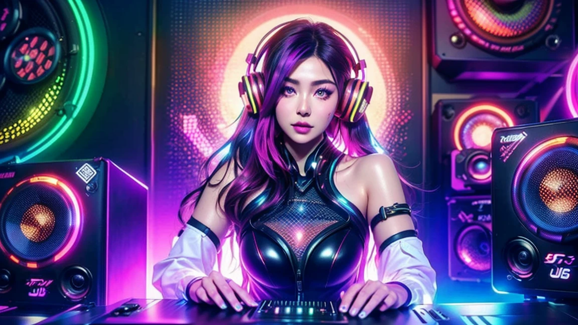 Fragment of the masticator muscle 、Supermarket、 surrealism、Beautiful female artist in DJ suit with black top and  headphones、DJ Set 、 TONE UP 、 headphones DJ RAVE ,  TONE UP ,  headphones、dj at a 、DJ RAVE  、 CG station 、((( huge speaker in the background)))、((( Every Wall Is a Speaker .)))、( colorful hair)、 shiny hair、Interior Color、
