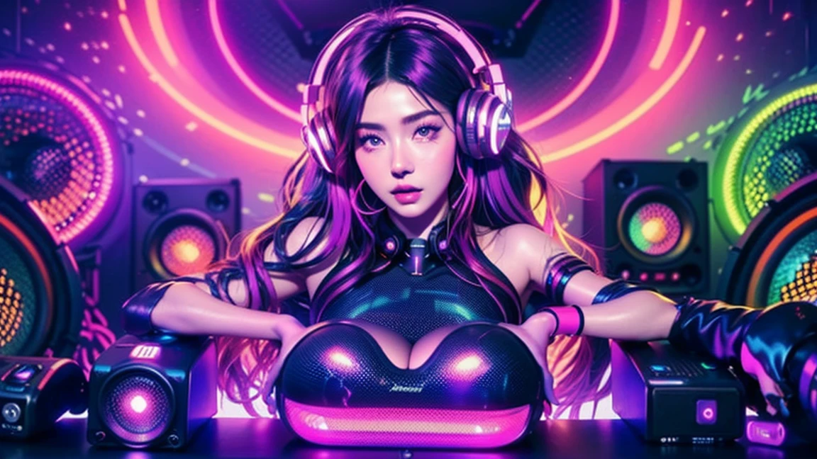 Fragment of the masticator muscle 、Supermarket、 surrealism、Beautiful female artist in DJ suit with black top and  headphones、DJ Set 、 TONE UP 、 headphones DJ RAVE ,  TONE UP ,  headphones、dj at a 、DJ RAVE  、 CG station 、((( huge speaker in the background)))、((( Every Wall Is a Speaker .)))、( colorful hair)、 shiny hair、Interior Color、
