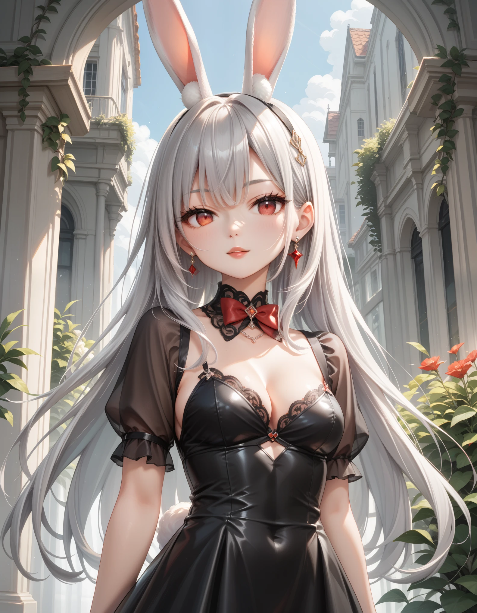 score_9, score_8_up, score_7_up, source_anime, 1girl, silver hair, rabbit ears, red eyes, black dress