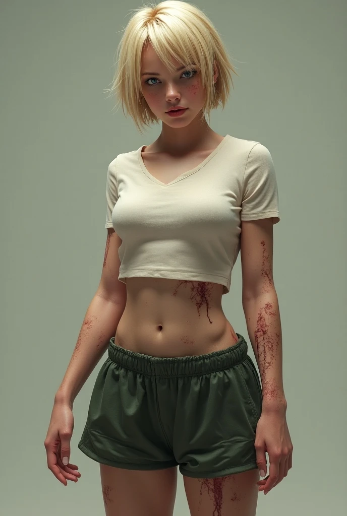 1woman, 100% Jennifer Holland face, solo, white background, wattson, masterpiece, highly detailed, blue eyes, blonde hair, short hair, Fluorescent green jacket, With a green Fluorescent tank top, Rubber Gloss, white rubber skinsuit, knife on her hand, Yellow sport shoes , white pants, blush, plain background, 100% Jennifer Holland face, sad a angry expression, Red blood spatters on her clothes and face, as if he had fought with someone, knife on her hand, desert of Arizona blurred background
