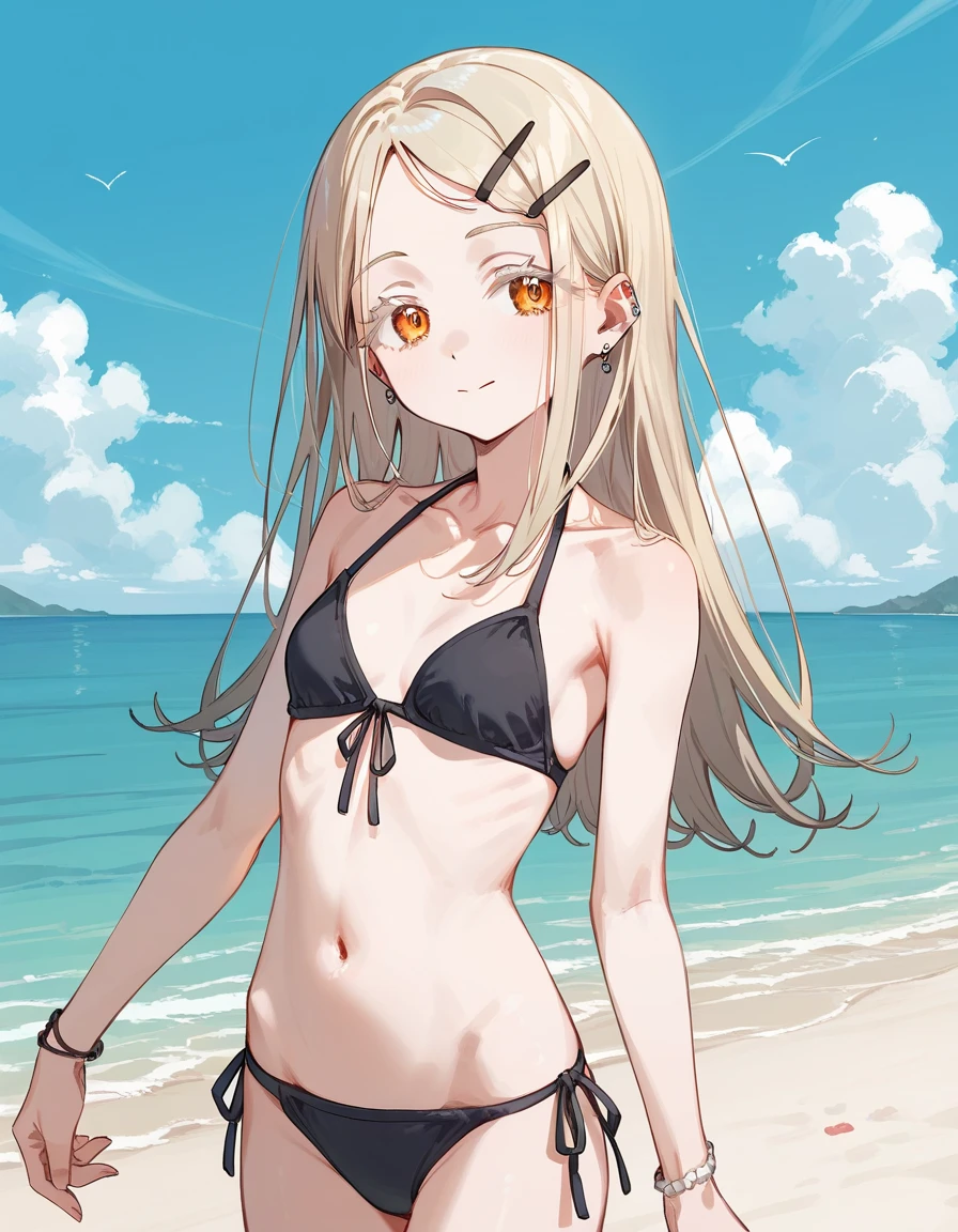 hiro-default,shinosawa hiro,slender,deep orange eyes,white eyelashes,blonde hair,long hair,hairclip,　small breast, thin belly, small mouth, girl, solo, best quality, very aesthetic, nsfw、Highest quality, masterpiece, No correction,thin, black bikini, shy, Expressionless, beach, cowboy shot, little smile, 