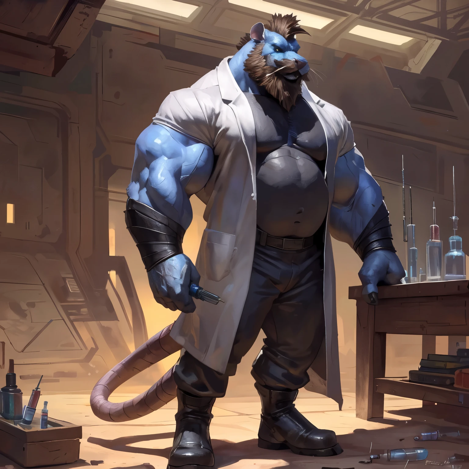 By Taran Fiddler, an anthropomorphic badass mad scientist rat (realistic, detailed, american shot, aesthetic physique, aesthetic proportions, 1 meters tall, small, well-built body, brown hair, blue body, rat head (rat head, brown thick full mustache, brown thick trimmed full beard, brown thick mohawk hairstyle, yellow glowing eyes, blue skin, mad) blue skin, wears a grey lab coat, wears a grey T-shirt, wears a futuristic grey armored pant, wears futuristic black boots, holds a syringe in his left hand) standing in a futuristic abandonned lab with a syringe in the hand.