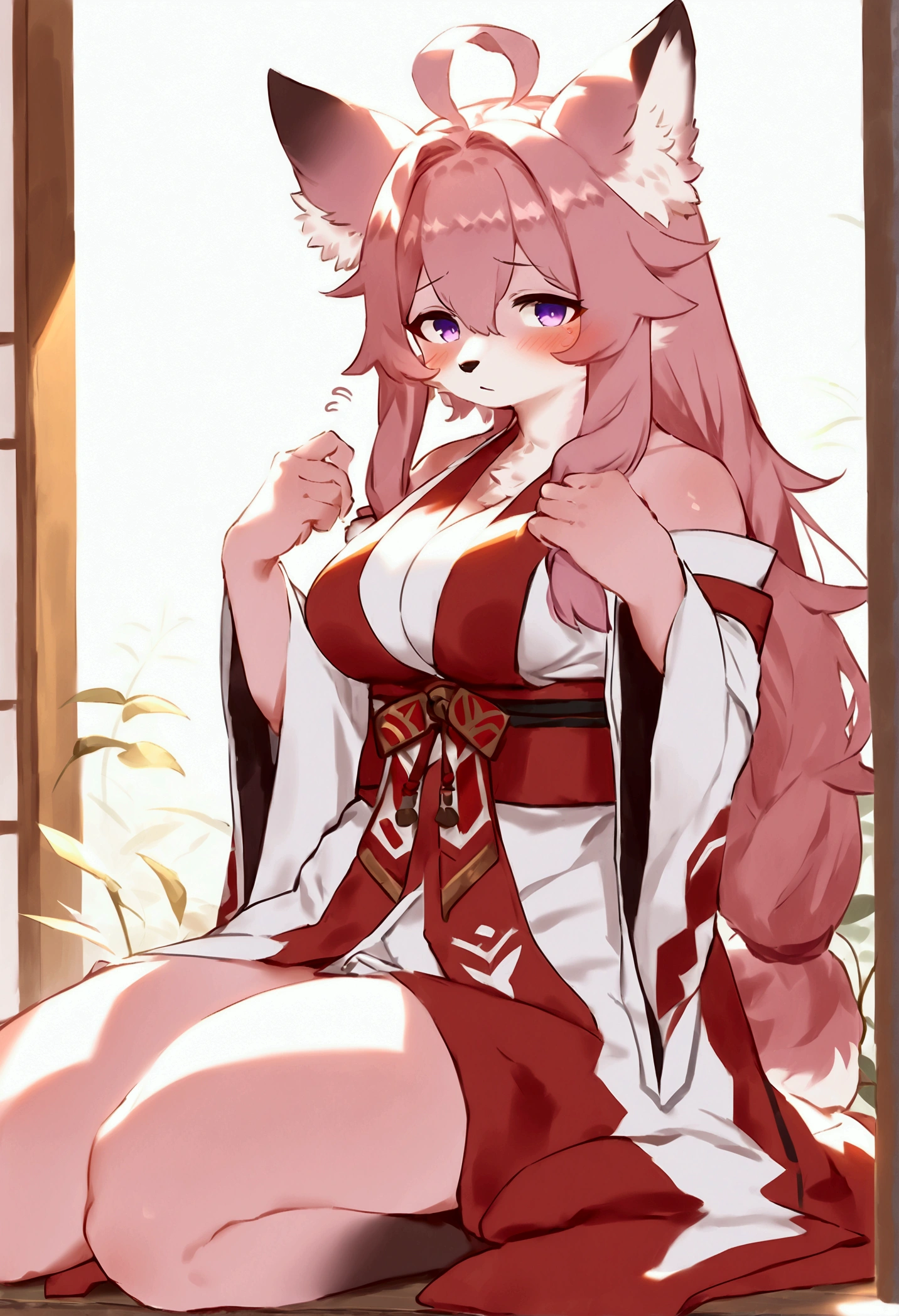 (top quality, best quality, Bogexboog, High-quality illustrations, masterpiece, perfect artwork, cinematic light and shading, 16k, 1080p, uploaded on e621)(kemono, furry, anthro, alone), 1 mature female, (very detailed body, face, tail, arms, hands, legs, head and eyes), fox, Yae Miko, (Genshin Impact), hunter body, mature body, big breasts, pink fur, fluffy, fluffy tail, shrine maiden long hair, perfect eyes, purple eyes, black pupils, beautiful shrine kimono, beautiful legwear, beautiful shrine garden, body movement, body twitching, red blushing, shy, protective behavior,