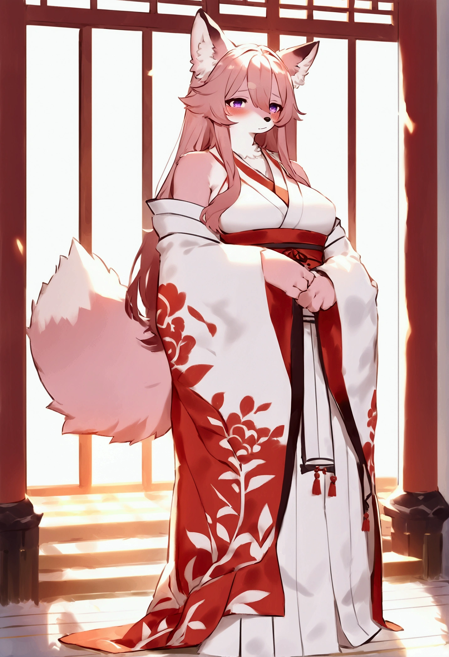 (top quality, best quality, Bogexboog, High-quality illustrations, masterpiece, perfect artwork, cinematic light and shading, 16k, 1080p, uploaded on e621)(kemono, furry, anthro, alone), 1 mature female, (very detailed body, face, tail, arms, hands, legs, head and eyes), fox, Yae Miko, (Genshin Impact), hunter body, mature body, big breasts, pink fur, fluffy, fluffy tail, shrine maiden long hair, perfect eyes, purple eyes, black pupils, beautiful shrine kimono, beautiful legwear, beautiful shrine garden, body movement, body twitching, red blushing, shy, protective behavior,