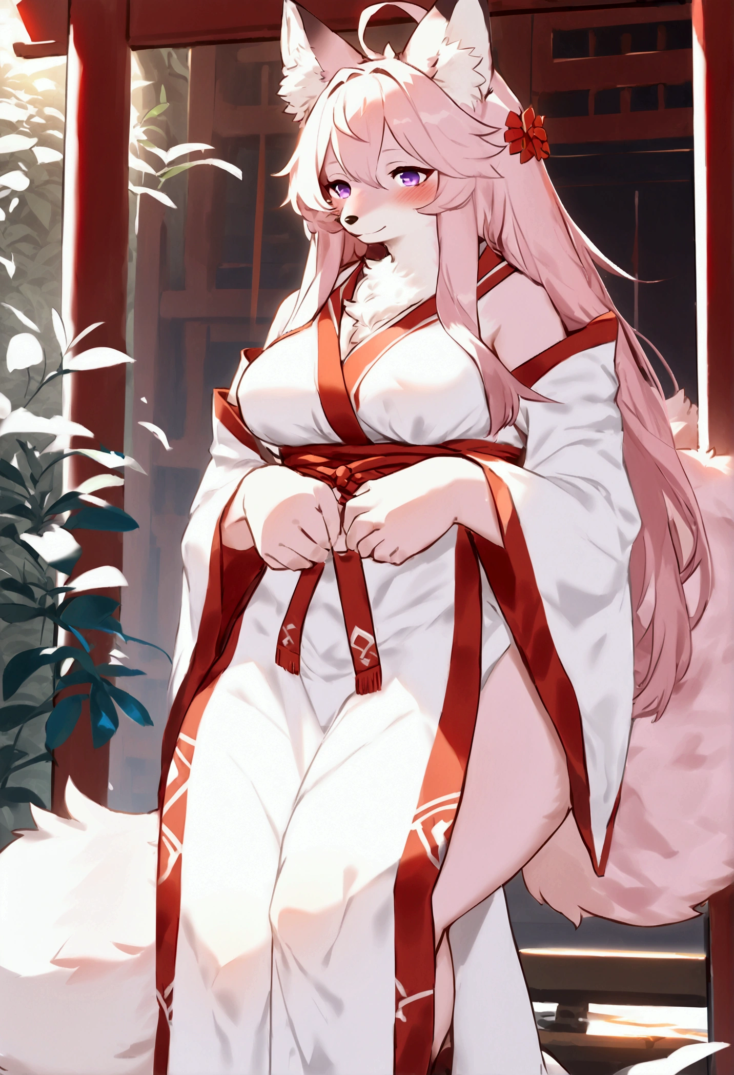 (top quality, best quality, Bogexboog, High-quality illustrations, masterpiece, perfect artwork, cinematic light and shading, 16k, 1080p, uploaded on e621)(kemono, furry, anthro, alone), 1 mature female, (very detailed body, face, tail, arms, hands, legs, head and eyes), fox, Yae Miko, (Genshin Impact), hunter body, mature body, big breasts, pink fur, fluffy, fluffy tail, shrine maiden long hair, perfect eyes, purple eyes, black pupils, beautiful shrine kimono, beautiful legwear, beautiful shrine garden, body movement, body twitching, red blushing, shy, protective behavior,