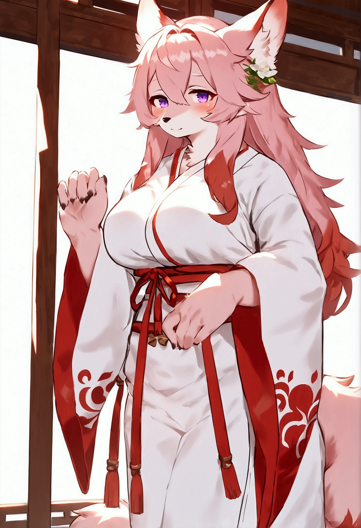 (top quality, best quality, Bogexboog, High-quality illustrations, masterpiece, perfect artwork, cinematic light and shading, 16k, 1080p, uploaded on e621)(kemono, furry, anthro, alone), 1 mature female, (very detailed body, face, tail, arms, hands, legs, head and eyes), fox, Yae Miko, (Genshin Impact), hunter body, mature body, big breasts, pink fur, fluffy, fluffy tail, shrine maiden long hair, perfect eyes, purple eyes, black pupils, beautiful shrine kimono, beautiful legwear, beautiful shrine garden, body movement, body twitching, red blushing, shy, protective behavior,