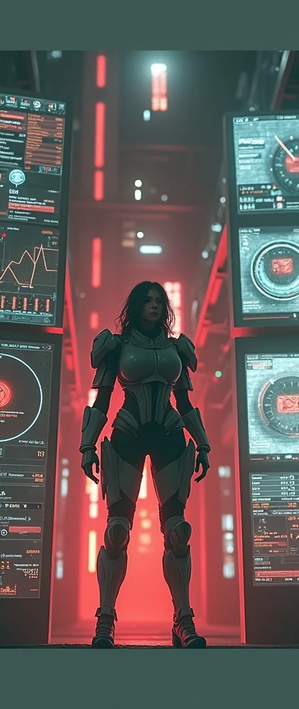 realistic photo of ((woman in a hulking hydraulic biomechanical exoskeleton armored robot)), (detailed face), sunset, sweaty, grime, post-apocalyptic, long hair, cyberpunk, (modelshoot style), nsfw, catastanna20