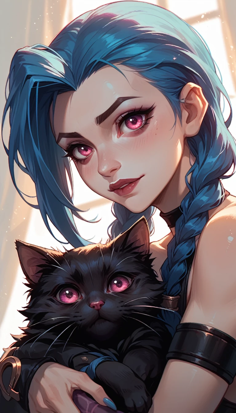 jinx from league of legends, snuggling a black cat in her arms, looking at the viewer. she has pink eyes and long twin braids. dutch camera angle, close up, warm lighting for the adorable and whimsical mood.