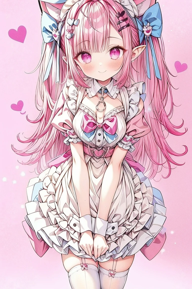 1 girl,solo,sakuna,reclining,pink hair,streaked hair,Hair ornament with clione and ribbon,clione,animal ears,maid headdress,thigh highs,puffy short sleeves,cat like ears,dress,apron,white apron,long hair,two side up,light blue bow,hair ornament,puffy sleeves,short sleeves,pink dress,wrist cuffs,pink bow,sakuna,(masterpiece,best quality,very aesthetic,ultra detailed), (Ultra-detailed, Expressive brilliance,Glitter,Glowing Eyes),Highly detailed eyes,intricate details,pink heart background