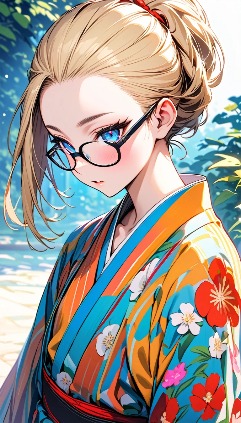 Speedy Shot,(Top quality masterpiece),detailed,ultra detailed,hyper detailed,insanely detailed,Exquisite,Beautiful Full HD,16k,cute,Fantasy,A vibrant academic community,Soft line design,Soft　Surface,Simple line drawing,The best light,Fast Shutter Speed,  depth of border described,Highly saturated colors,Vibrant colors,Vibrant colors,BREAK,
(14yo),skinny,flat chested,(forehead,hair slicked back:1.3),Beautiful blonde hair,(blue eyes),(black nodoka glasses),thick bluish eyeshadow, thin eyebrows, thick black eyeliner, Highlighted eyes with eyeliner, false eyelashes,BREAK,
yukata,wearing japanese yukata,salvia flower