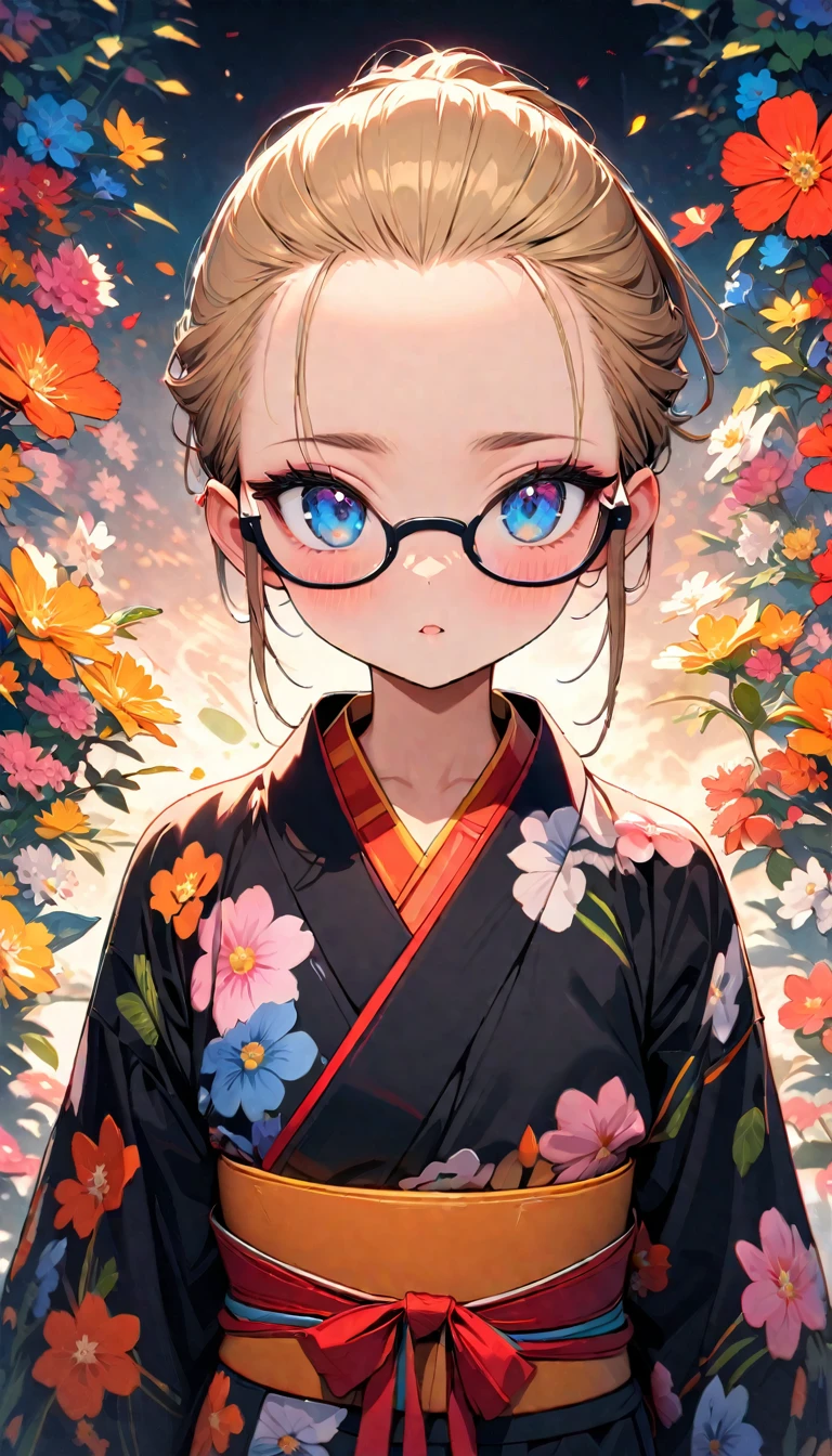 Speedy Shot,(Top quality masterpiece),detailed,ultra detailed,hyper detailed,insanely detailed,Exquisite,Beautiful Full HD,16k,cute,Fantasy,A vibrant academic community,Soft line design,Soft　Surface,Simple line drawing,The best light,Fast Shutter Speed,  depth of border described,Highly saturated colors,Vibrant colors,Vibrant colors,BREAK,
(14yo),skinny,flat chested,(forehead,hair slicked back:1.3),Beautiful blonde hair,(blue eyes),(black nodoka glasses),thick bluish eyeshadow, thin eyebrows, thick black eyeliner, Highlighted eyes with eyeliner, false eyelashes,BREAK,
yukata,wearing japanese yukata,salvia flower