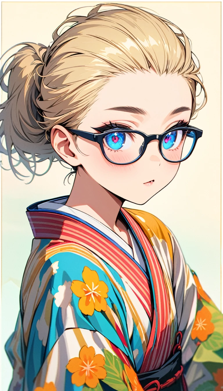 Speedy Shot,(Top quality masterpiece),detailed,ultra detailed,hyper detailed,insanely detailed,Exquisite,Beautiful Full HD,16k,cute,Fantasy,A vibrant academic community,Soft line design,Soft　Surface,Simple line drawing,The best light,Fast Shutter Speed,  depth of border described,Highly saturated colors,Vibrant colors,Vibrant colors,BREAK,
(14yo),skinny,flat chested,(forehead,hair slicked back:1.3),Beautiful blonde hair,(blue eyes),(black nodoka glasses),thick bluish eyeshadow, thin eyebrows, thick black eyeliner, Highlighted eyes with eyeliner, false eyelashes,BREAK,
yukata,wearing japanese yukata,salvia flower