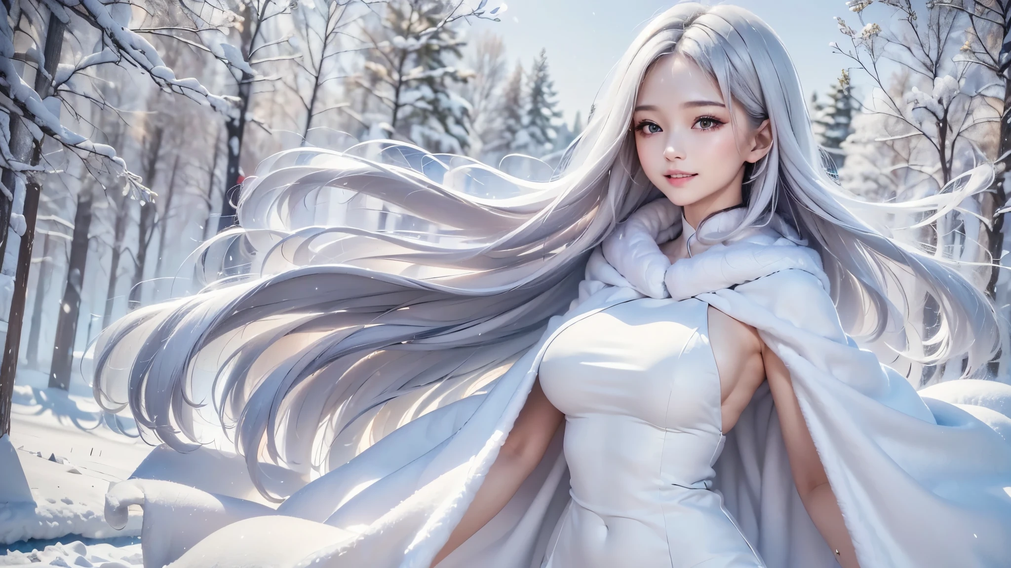 2.8D illustration, ((masterpiece:1.5、8k、Portraiture、フォトリアリスティックでVery detailedなCG、Very detailed、Particle Effects、Dynamic Effects、Shallow depth of field、Cinematic Light、Lens flare、Ray Tracing、Tabletop、Realistic:1.4、Ultra-high resolution:1.2、Realistic、Realistic))((alone、,A woman wearing a cashmere coat:1.4、Elegant woman posing、Detailed face:1.5、aqua eyes、Ample breasts、sideboob, Best Looks、Ultimate beauty、Shiny silver hair with highlights、bright and shiny hair,、Super long, Silky straight hair、Hair dancing in the wind))(morning、The setting is outdoors in the snow、Surrounded by illuminations). winter girl. face:sweet girl.
