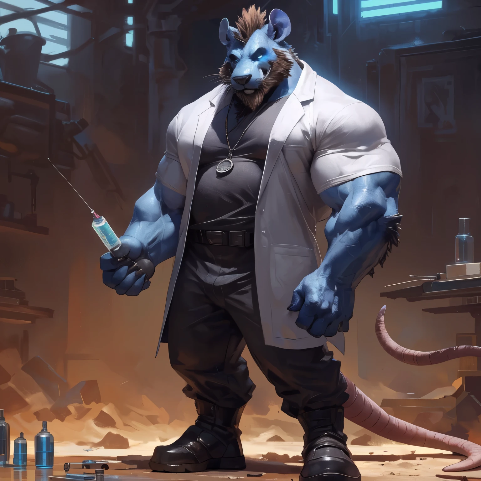 By Taran Fiddler, an anthropomorphic badass mad scientist rat (realistic, detailed, american shot, aesthetic physique, aesthetic proportions, 1 meters tall, small, well-built body, brown hair, blue body, rat head (rat head, brown thick full mustache, brown thick trimmed full beard, brown thick mohawk hairstyle, yellow glowing eyes, blue skin, mad) blue skin, wears a grey lab coat, wears a grey T-shirt, wears a futuristic grey armored pant, wears futuristic black boots, holds a syringe in his left hand) standing in a futuristic abandonned lab with a syringe in the hand.