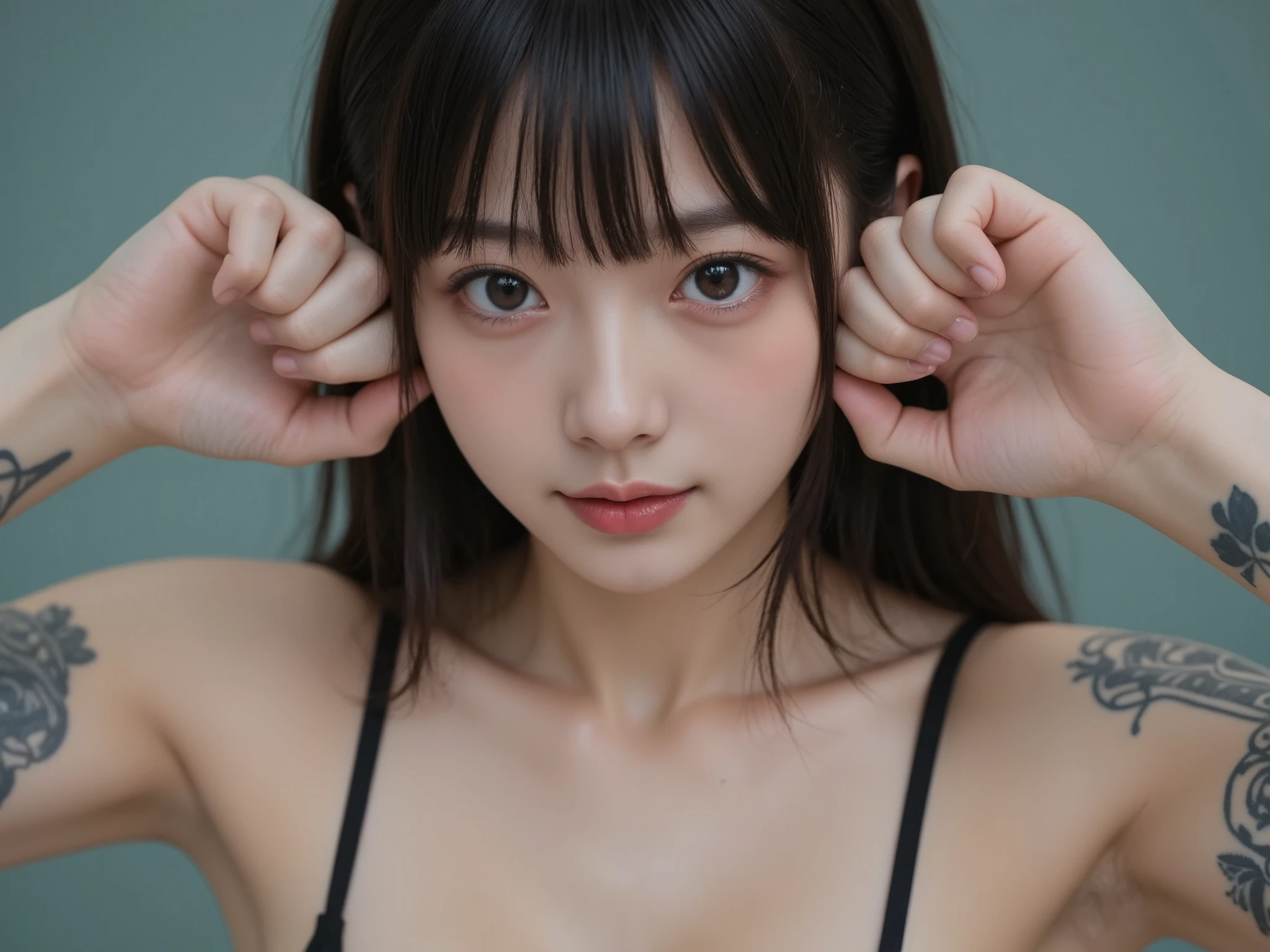(A hyper-realistic), (illustratio), (hight resolution), (in 8K), (ighly detailed), (The best illustrations), (beatiful detailed eyes), (top-quality), (ultra-detailliert), (masterpiece), (wall-paper), (详细的脸), Reluctant face,Beautiful armpits,Hands tied,Purple hair color, ,Upper body close-up,Girl in high school uniform,Clothes are torn, japanes, Colossal tits, (camel's toe)