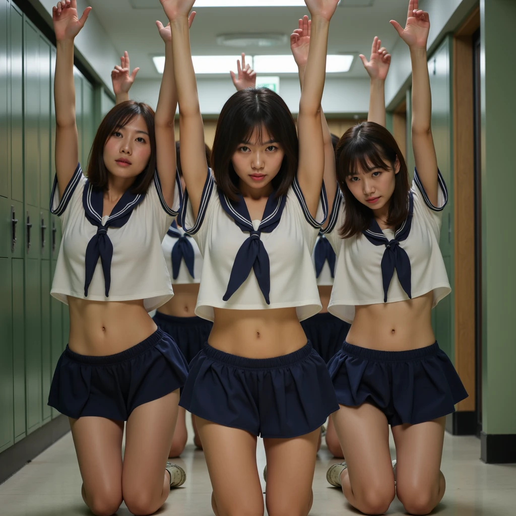 (((best quality, Masterpiece, Realistic photos, very detailed, Photography, Ultra high resolution, raw:1.3))), Group of Womans, In school corridor, japanese girls, ((crop top student sailor suit)), no pants, open navel, open belly, (show abdomen area),  crying, kneel, Raise both hands, punishment, 