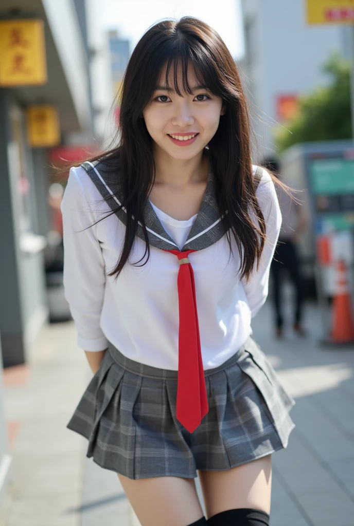 (8k、Raw photography、Highest quality、masterpiece:1.2),(Black Hair、Dark Eyes:1.9),(High school girls、school uniform:1.6)、View your audience,Viewed from the front,White skin,(:1.3)、(Tight waist:1.6)、(Clothes that accentuate the shape of the breasts:1.0)、(Big Breasts :1.3)、Slim figure、Ultra-high resolution,beautiful,beautiful fece,(One person、No background:1.9),whole bodyボディー,Japanese women,(reality的:1.37)、Photon Mapping,reality、(Baby-faced and cute: 1.2)、(Cute Smile: 1.8)、(Round face: 1.8)、Radio City、Physically Based Rendering、Depth of field rally background、photograph, (I can see your knees、Thigh close-up:1.8),(:1.3),whole body、Great quality
