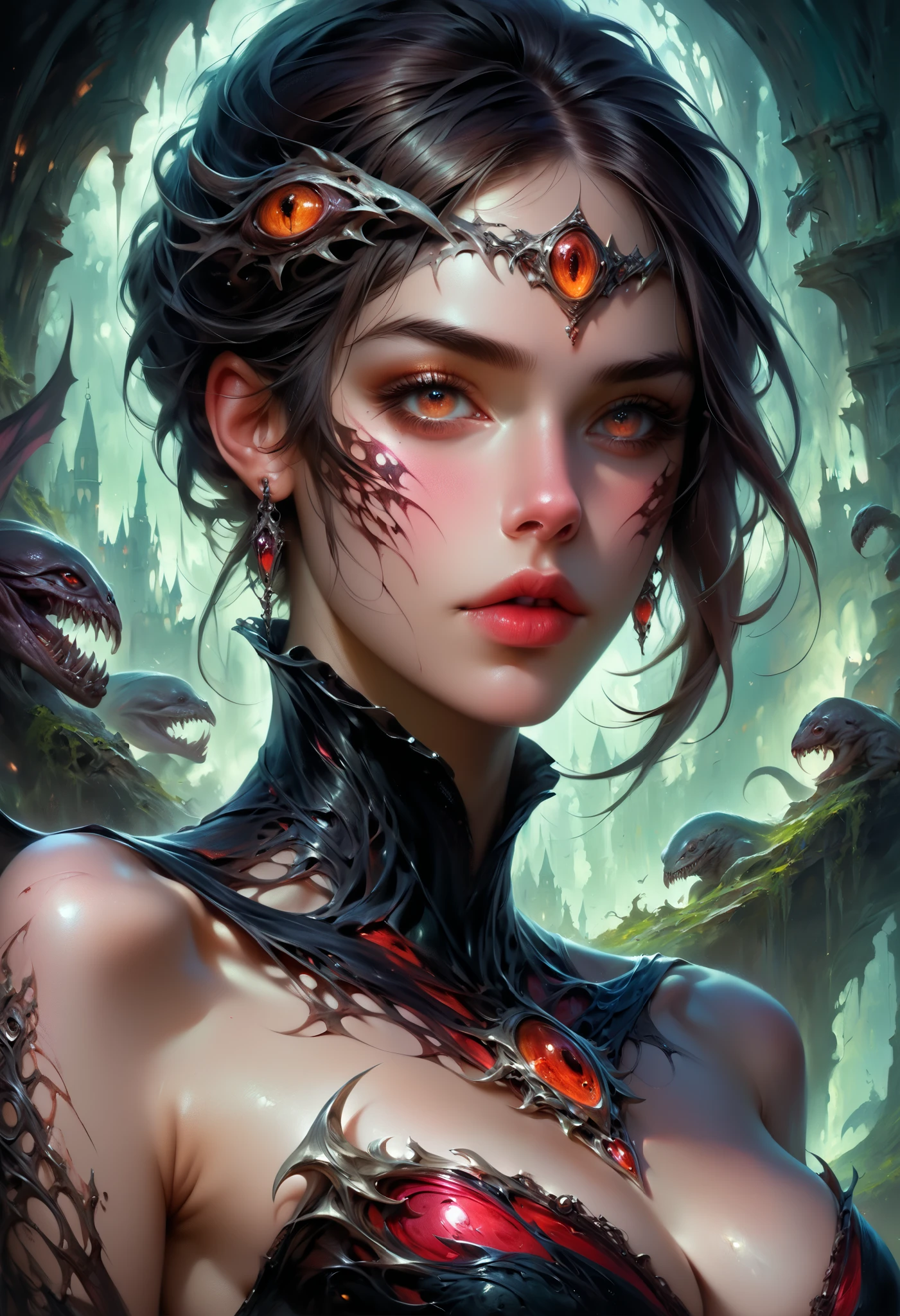 (masterpiece, top quality, best quality, official art, beautiful and aesthetic:1.2), (1 beautiful sexy ((Succubus demon)) wearing detailed body jewelry), (dynamic pose), cowboy shot, extremely detailed, (fractal art:1.3), colorful, highest detail, ((nsfw, naked)) ((cinematic lighting))