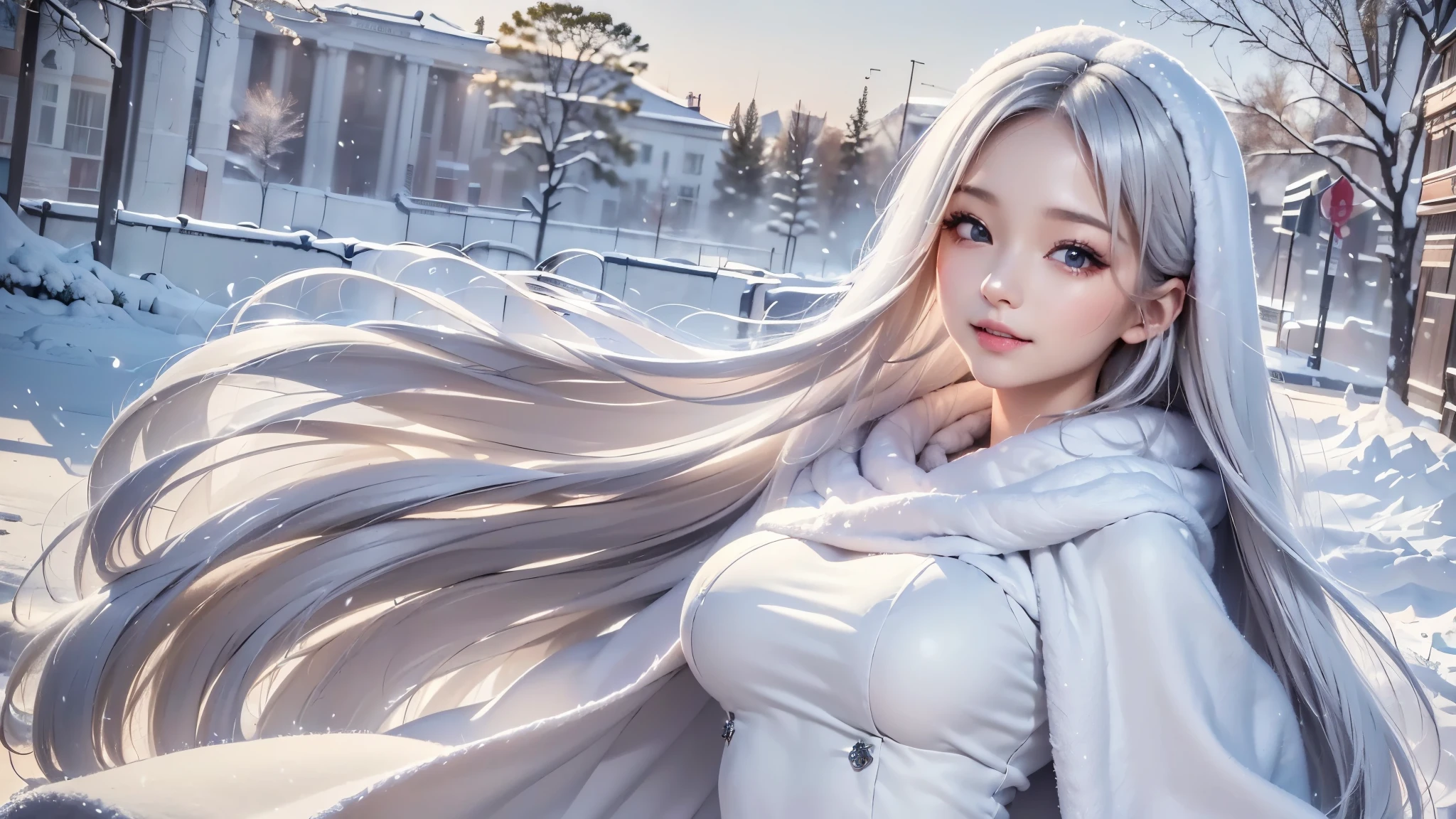 2.8D illustration, ((masterpiece:1.5、8k、Portraiture、フォトリアリスティックでVery detailedなCG、Very detailed、Particle Effects、Dynamic Effects、Shallow depth of field、Cinematic Light、Lens flare、Ray Tracing、Tabletop、Realistic:1.4、Ultra-high resolution:1.2、Realistic、Realistic))((alone、,A woman wearing a cashmere coat:1.4、Elegant woman posing、Detailed face:1.5、aqua eyes、Ample breasts、sideboob, Best Looks、Ultimate beauty、Shiny silver hair with highlights、bright and shiny hair,、Super long, Silky straight hair、Hair dancing in the wind))(morning、The setting is outdoors in the snow、Surrounded by illuminations). winter girl. face:sweet girl.
