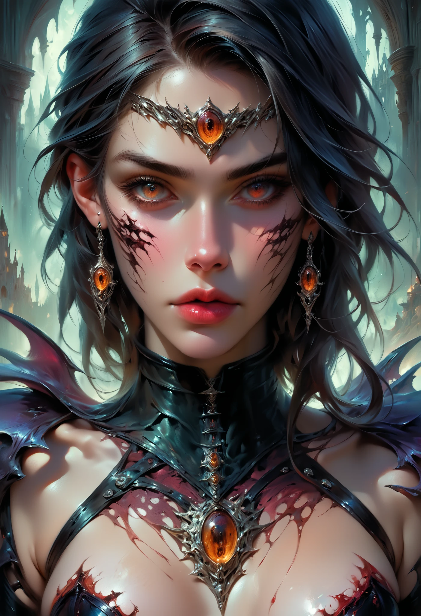 score_9, score_8_up, score_7_up, score_6_up, score_5_up, score_4_up, (super realistic photo:1.6), beautiful digital paint , Beautiful detailed digital art, Award-winning Creature Portraits , Realistic illustrations, Highly detailed 4K digital art, highly detailed and realistic , very Detailed digital painting, highly Detailed digital painting, highly Detailed digital painting, Hyper realistic fantasy art, Detailed digital painting, Realistic fantasy illustration, The most beautiful vampire girl in the dark castle in HELL, Experiencing sexual climax, iridescent eyes,