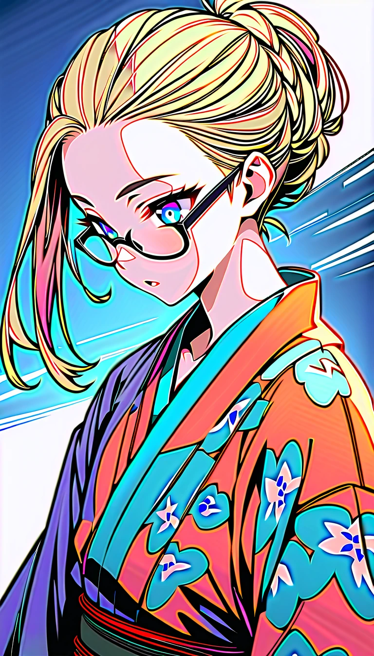 Speedy Shot,(Top quality masterpiece),detailed,ultra detailed,hyper detailed,insanely detailed,Exquisite,Beautiful Full HD,16k,cute,Fantasy,A vibrant academic community,Soft line design,Soft　Surface,Simple line drawing,The best light,Fast Shutter Speed,  depth of border described,Highly saturated colors,Vibrant colors,Vibrant colors,BREAK,
(14yo),skinny,flat chested,(forehead,hair slicked back:1.3),Beautiful blonde hair,(blue eyes),(black nodoka glasses),thick bluish eyeshadow, thin eyebrows, thick black eyeliner, Highlighted eyes with eyeliner, false eyelashes,BREAK,
yukata,wearing japanese yukata,salvia flower