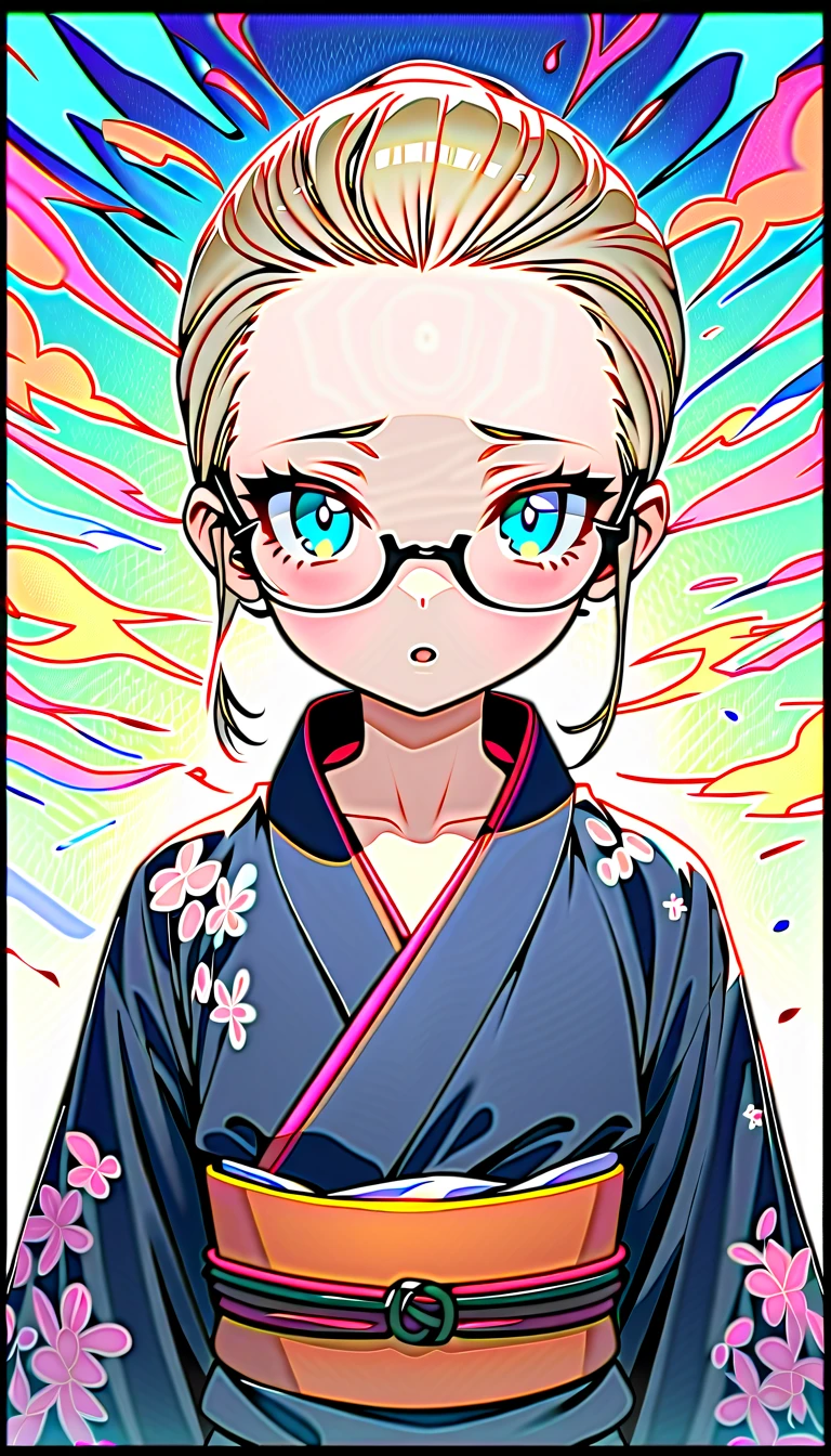 Speedy Shot,(Top quality masterpiece),detailed,ultra detailed,hyper detailed,insanely detailed,Exquisite,Beautiful Full HD,16k,cute,Fantasy,A vibrant academic community,Soft line design,Soft　Surface,Simple line drawing,The best light,Fast Shutter Speed,  depth of border described,Highly saturated colors,Vibrant colors,Vibrant colors,BREAK,
(14yo),skinny,flat chested,(forehead,hair slicked back:1.3),Beautiful blonde hair,(blue eyes),(black nodoka glasses),thick bluish eyeshadow, thin eyebrows, thick black eyeliner, Highlighted eyes with eyeliner, false eyelashes,BREAK,
yukata,wearing japanese yukata,salvia flower