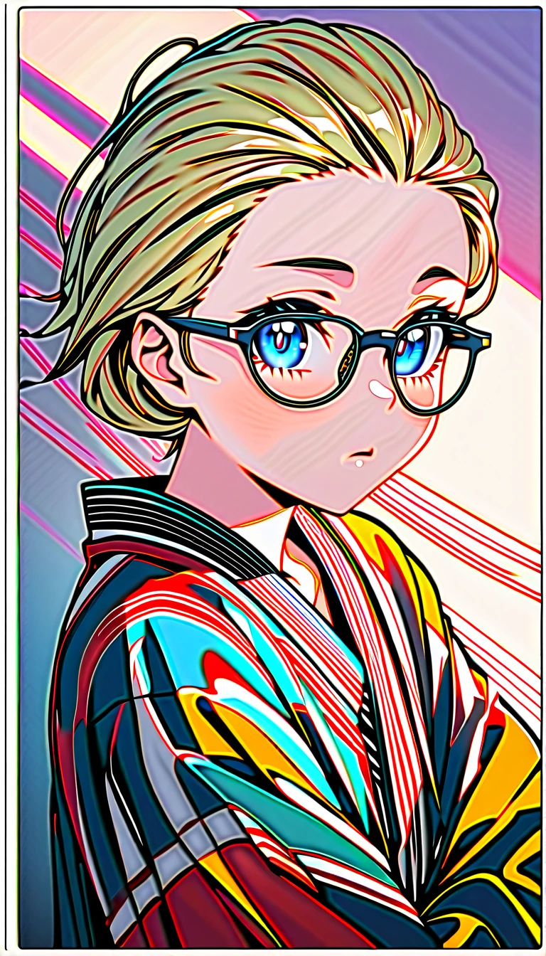 Speedy Shot,(Top quality masterpiece),detailed,ultra detailed,hyper detailed,insanely detailed,Exquisite,Beautiful Full HD,16k,cute,Fantasy,A vibrant academic community,Soft line design,Soft　Surface,Simple line drawing,The best light,Fast Shutter Speed,  depth of border described,Highly saturated colors,Vibrant colors,Vibrant colors,BREAK,
(14yo),skinny,flat chested,(forehead,hair slicked back:1.3),Beautiful blonde hair,(blue eyes),(black nodoka glasses),thick bluish eyeshadow, thin eyebrows, thick black eyeliner, Highlighted eyes with eyeliner, false eyelashes,BREAK,
yukata,wearing japanese yukata,salvia flower