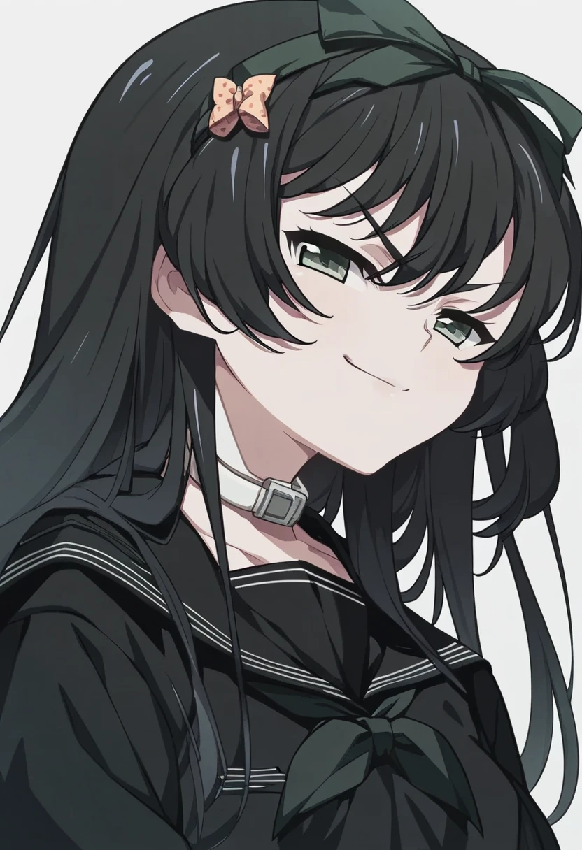 score_9, score_8_up, score_7_up, 
 1girl, Hokari Kanae , square, hair bow,  black hair,  background,

white background, face,
 narrowed eyes ,  looks at the viewer, smirk, 
black serafuku , 