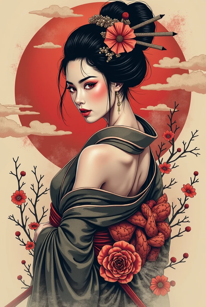 Put a katana on the geisha's back - SeaArt AI