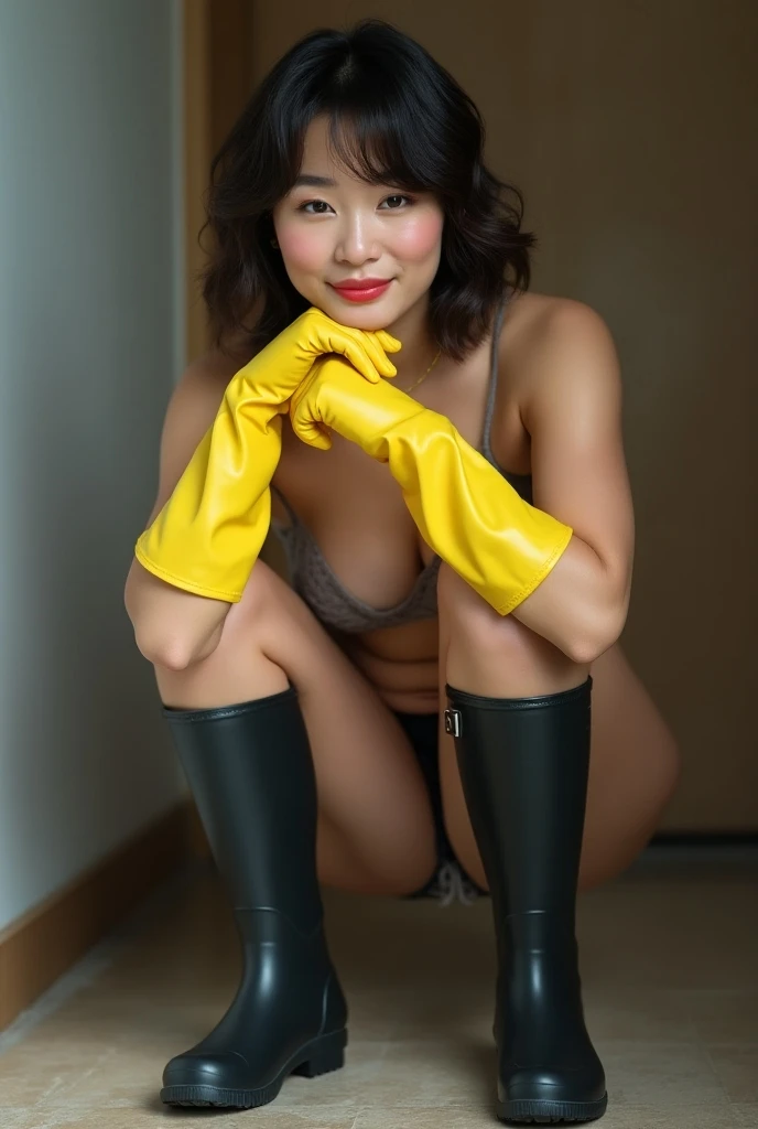 Asian aunty wearing rubber gloves and rain boots, fully naked erotic images