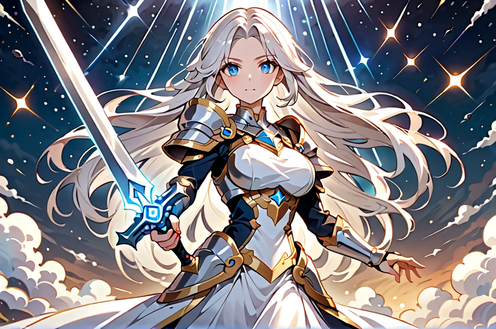  High Detail Space Nebula , . A beautiful and impressive 16k portrait of a big-breasted female warrior , .} Wearing silver armor and holding a shining holy sword in one hand, ,  conveys balance and justice ,  with long silver hair and perfectly complemented bright blue eyes ,  the light of righteousness radiated from the battlefield behind her as she stood gracefully and proudly.,  ready to bring justice , Wearing an elegant white dress ,  with many intricate details 