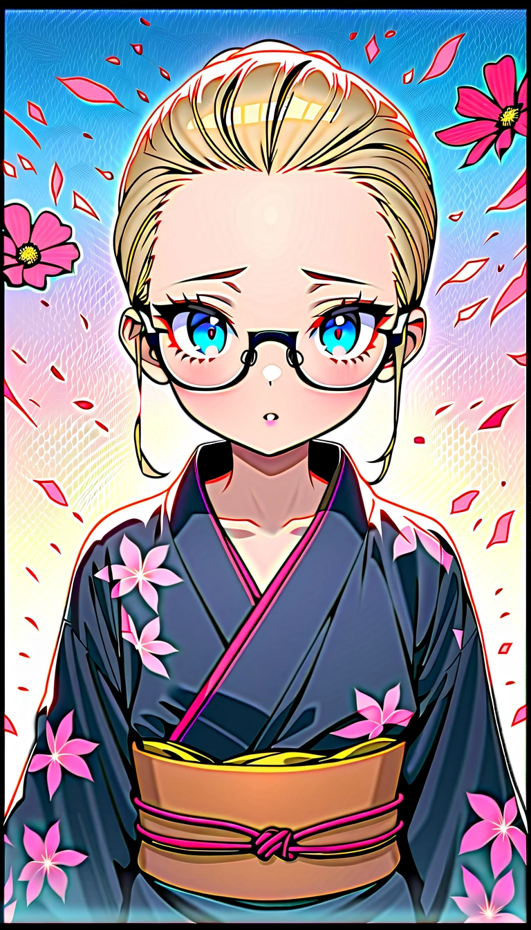 Speedy Shot,(Top quality masterpiece),detailed,ultra detailed,hyper detailed,insanely detailed,Exquisite,Beautiful Full HD,16k,cute,Fantasy,A vibrant academic community,Soft line design,Soft　Surface,Simple line drawing,The best light,Fast Shutter Speed,  depth of border described,Highly saturated colors,Vibrant colors,Vibrant colors,BREAK,
(14yo),skinny,flat chested,(forehead,hair slicked back:1.3),Beautiful blonde hair,(blue eyes),(black nodoka glasses),thick bluish eyeshadow, thin eyebrows, thick black eyeliner, Highlighted eyes with eyeliner, false eyelashes,BREAK,
yukata,wearing japanese yukata,salvia flower