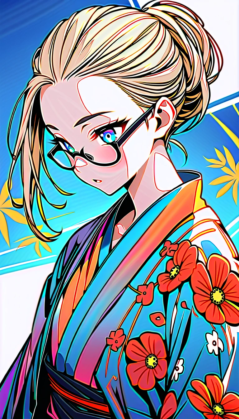 Speedy Shot,(Top quality masterpiece),detailed,ultra detailed,hyper detailed,insanely detailed,Exquisite,Beautiful Full HD,16k,cute,Fantasy,A vibrant academic community,Soft line design,Soft　Surface,Simple line drawing,The best light,Fast Shutter Speed,  depth of border described,Highly saturated colors,Vibrant colors,Vibrant colors,BREAK,
(14yo),skinny,flat chested,(forehead,hair slicked back:1.3),Beautiful blonde hair,(blue eyes),(black nodoka glasses),thick bluish eyeshadow, thin eyebrows, thick black eyeliner, Highlighted eyes with eyeliner, false eyelashes,BREAK,
yukata,wearing japanese yukata,salvia flower