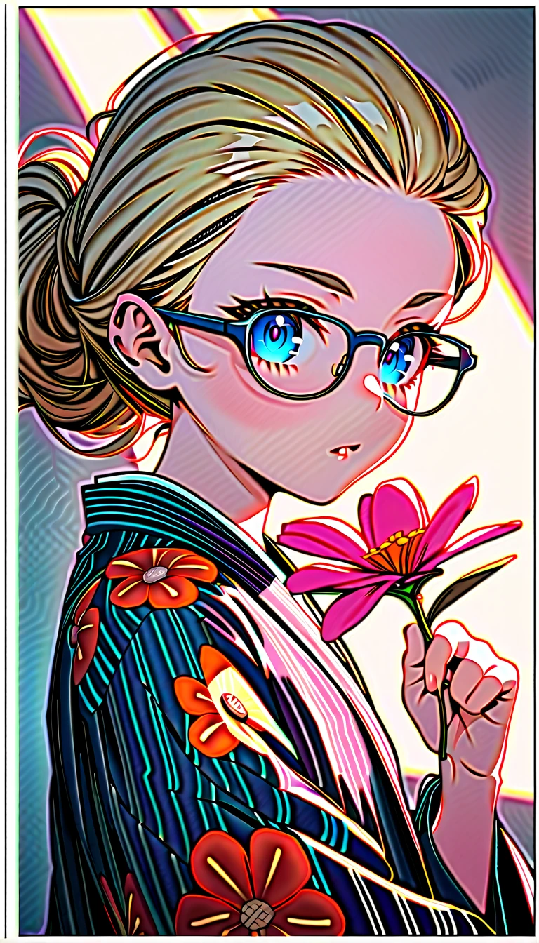 Speedy Shot,(Top quality masterpiece),detailed,ultra detailed,hyper detailed,insanely detailed,Exquisite,Beautiful Full HD,16k,cute,Fantasy,A vibrant academic community,Soft line design,Soft　Surface,Simple line drawing,The best light,Fast Shutter Speed,  depth of border described,Highly saturated colors,Vibrant colors,Vibrant colors,BREAK,
(14yo),skinny,flat chested,(forehead,hair slicked back:1.3),Beautiful blonde hair,(blue eyes),(black nodoka glasses),thick bluish eyeshadow, thin eyebrows, thick black eyeliner, Highlighted eyes with eyeliner, false eyelashes,BREAK,
yukata,wearing japanese yukata,salvia flower