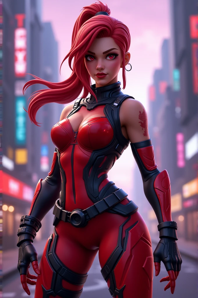 (((Full body,Princess Zelda as humanoid ant, red hair, brown eyes, big breasts1, red bionic ant body suit with attached weapons, looking at the viewer, smile, face with red cheek, red lipstick on her mouth, she is in a futuristic city, 16k, highres, best quality, award-winning, high details, anatomically correct, masterpiece, UHD, ccurate, retina)))