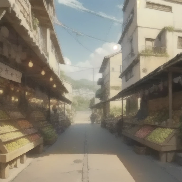 façade, forehead, open air, fruit market romance style, Renpy, Great atmosphere, without people, unique location, anime, landscape, Horizontal view