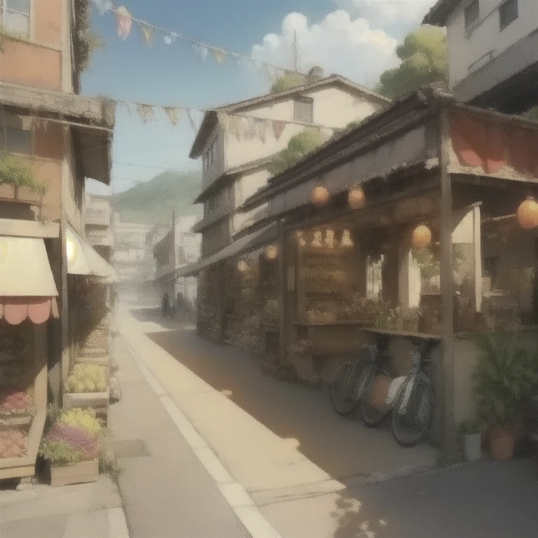 façade, forehead, open air, fruit market romance style, Renpy, Great atmosphere, without people, unique location, anime, landscape, Horizontal view