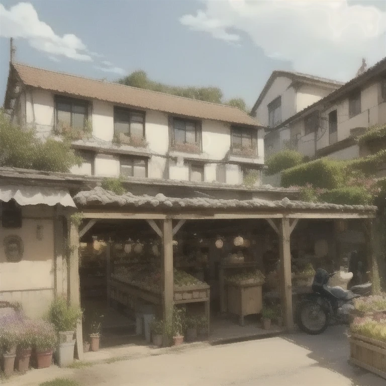 façade, forehead, open air, fruit market romance style, Renpy, Great atmosphere, without people, unique location, anime, landscape, Horizontal view